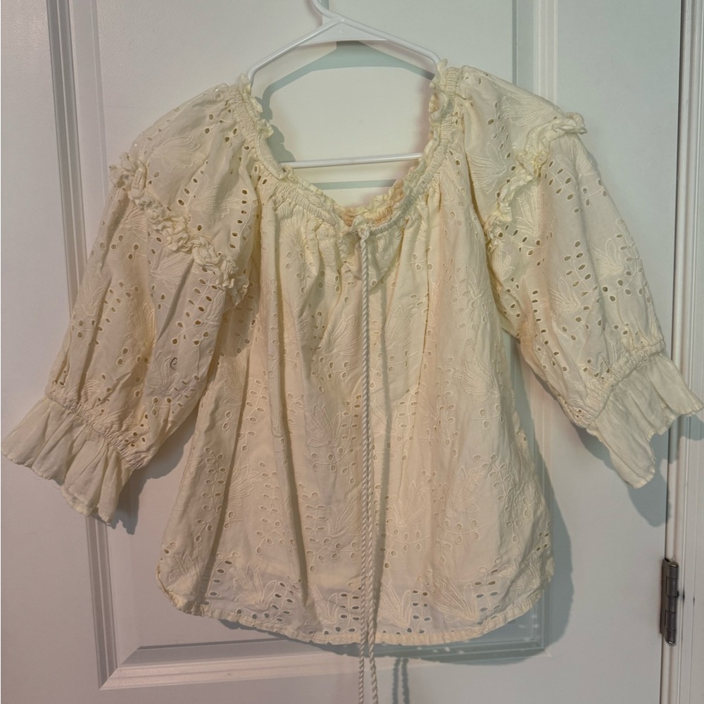 Cream Puff Sleeve Blouse with Ruffled Smocked Details